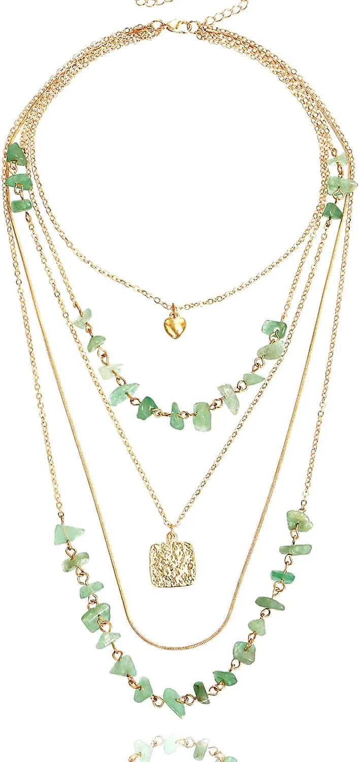 Gold Layered Necklace for Women Multi Bohemian Green Natural Stone Necklace BohoTurquoise Long Summer Beach Necklace Jewelry