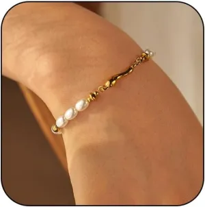 Gold Pearl Bracelets for Women, 18K Gold Dainty Pearl Bracelets Simple Stainless Steel Adjustable Pearl Gold Bracelet Bridesmaid Jewelry Gifts