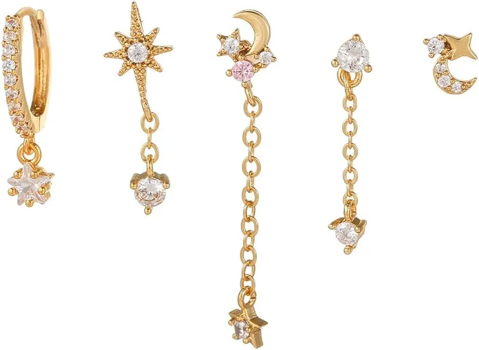 Gold Plated Earrings Dainty Earring Sets for Women, Asymmetric Cartilage Stud Hoop Earrings