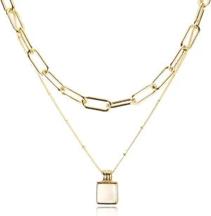 Gold Plated Layered Choker Necklace for Women Dainty Gold Parperclip Chain Link Double Necklace Elegant Mother of Pearl Pendant Stacked Necklace for Women Grils Gifts