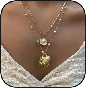 Gold Seashell Necklace for Women Shell Seashell Necklace Layered Sea Shell Charm Necklaces Surfer Outfits Beach Jewelry