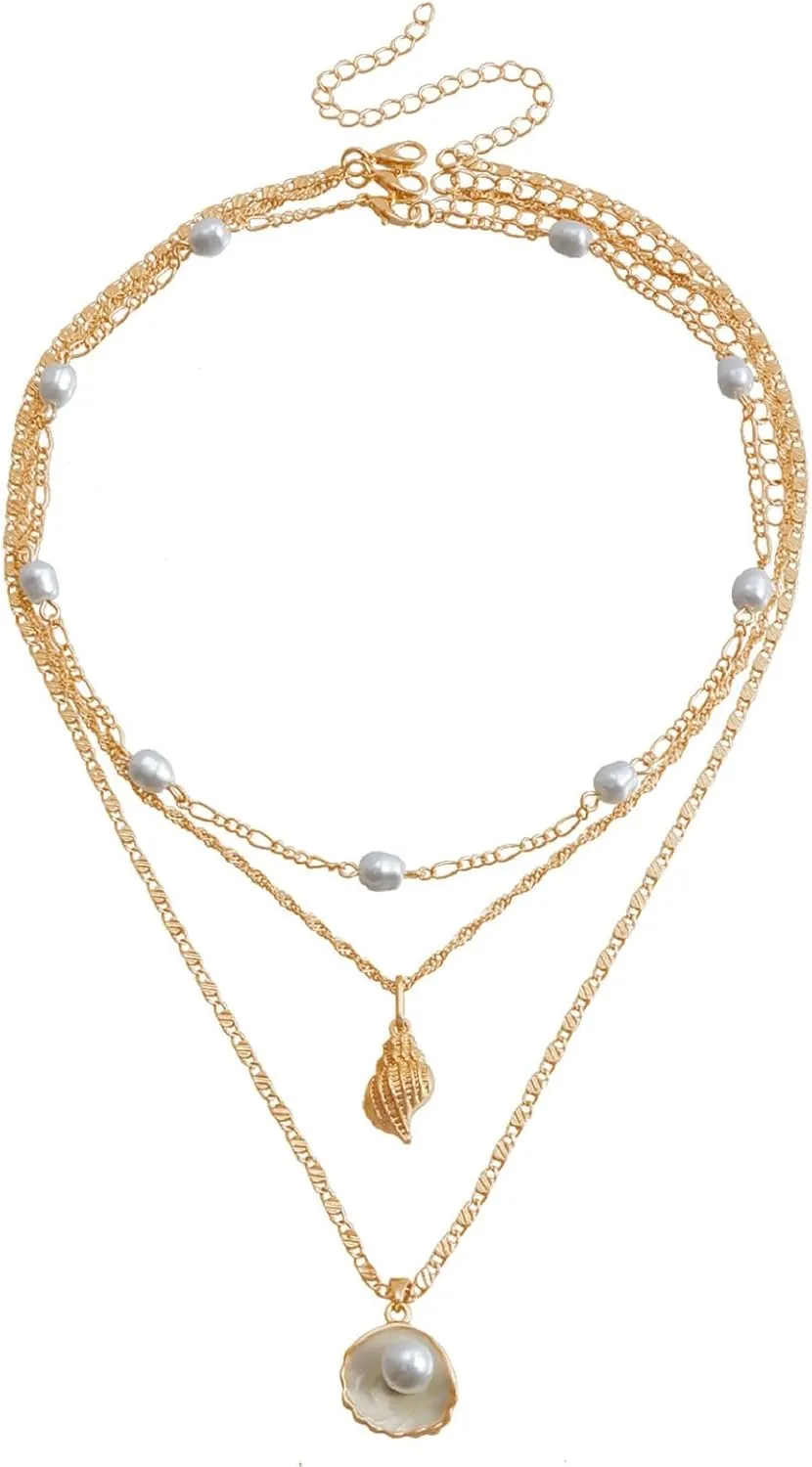 Gold Shell Starfish Necklace for Women Layered Pearl Seashell Pendant Necklace Adjustable Boho Surfer Choker Necklace Hawaii Beach Vacation Summer Jewelry