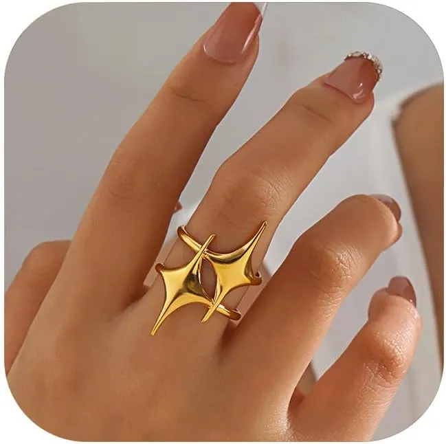 Gold Star Rings for Women Men Y2k Rings Silver Adjustable Open Sparkling Hollow Stars Knuckle Ring Jewelry
