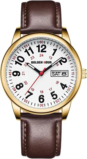 GOLDEN HOUR Easy Read Analog Quartz Watch for Men with Stainless Steel Expansion Band and 36mm Glow Dial
