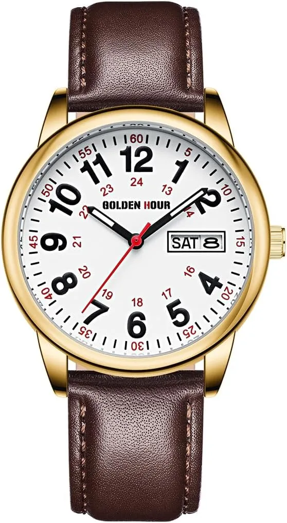 GOLDEN HOUR Easy Read Analog Quartz Watch for Men with Stainless Steel Expansion Band and 36mm Glow Dial