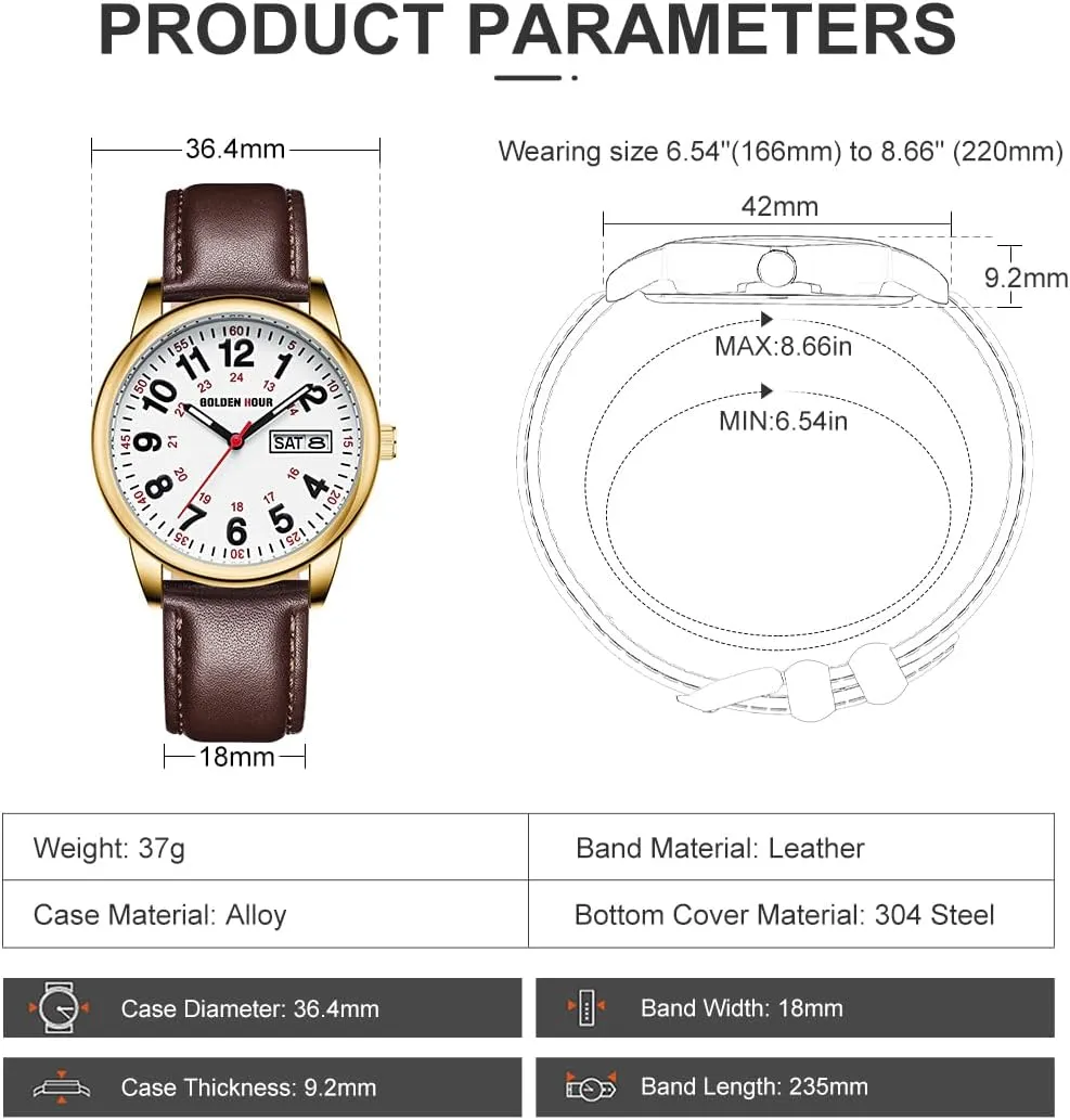 GOLDEN HOUR Easy Read Analog Quartz Watch for Men with Stainless Steel Expansion Band and 36mm Glow Dial