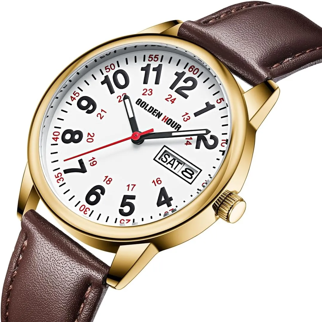 GOLDEN HOUR Easy Read Analog Quartz Watch for Men with Stainless Steel Expansion Band and 36mm Glow Dial
