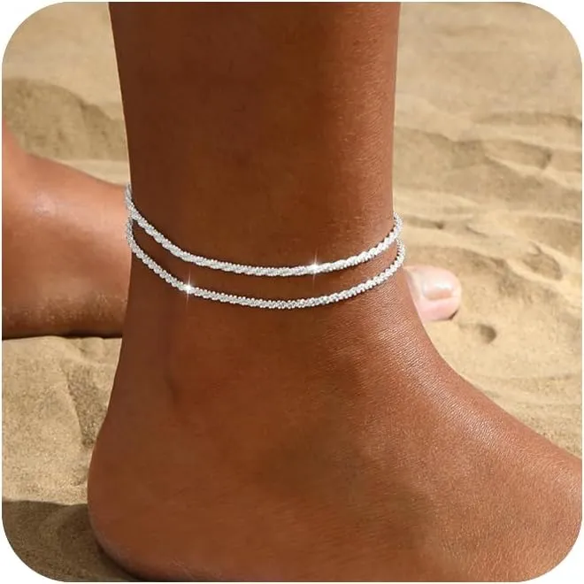 Gold/Silver Ankle Bracelets for Women,14K Gold/Silver Plated Dainty Layered Anklets for Women Trendy Bow Cuban Link Heart Beads Herringbone Rhinestone Anklets Set Gold Jewelry Gift