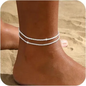 Gold/Silver Ankle Bracelets for Women,14K Gold/Silver Plated Dainty Layered Anklets for Women Trendy Bow Cuban Link Heart Beads Herringbone Rhinestone Anklets Set Gold Jewelry Gift