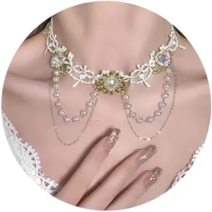 Gothic White Lace Choker Necklace for Women,y2k Boho Heart Peral Choker Classic Goth Accessories Chokers Layered Necklaces Collars Pendant