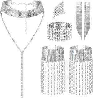 HAIAISO 7 Pieces    for Women    Tennis Stretch Bracelet Dangle Earrings Diamond Ring    Wedding Bridal Prom Party Jewelry