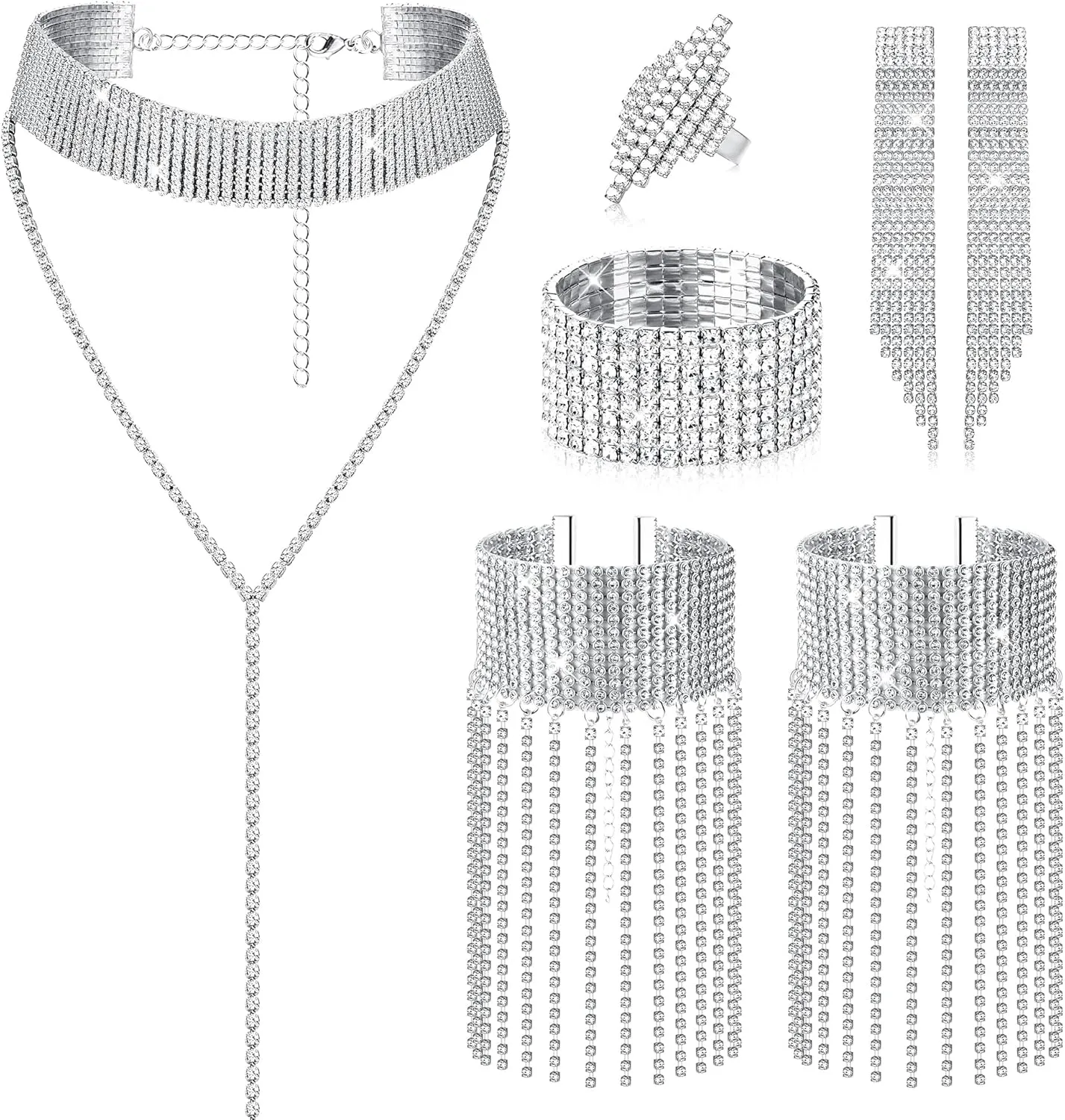 HAIAISO 7 Pieces    for Women    Tennis Stretch Bracelet Dangle Earrings Diamond Ring    Wedding Bridal Prom Party Jewelry
