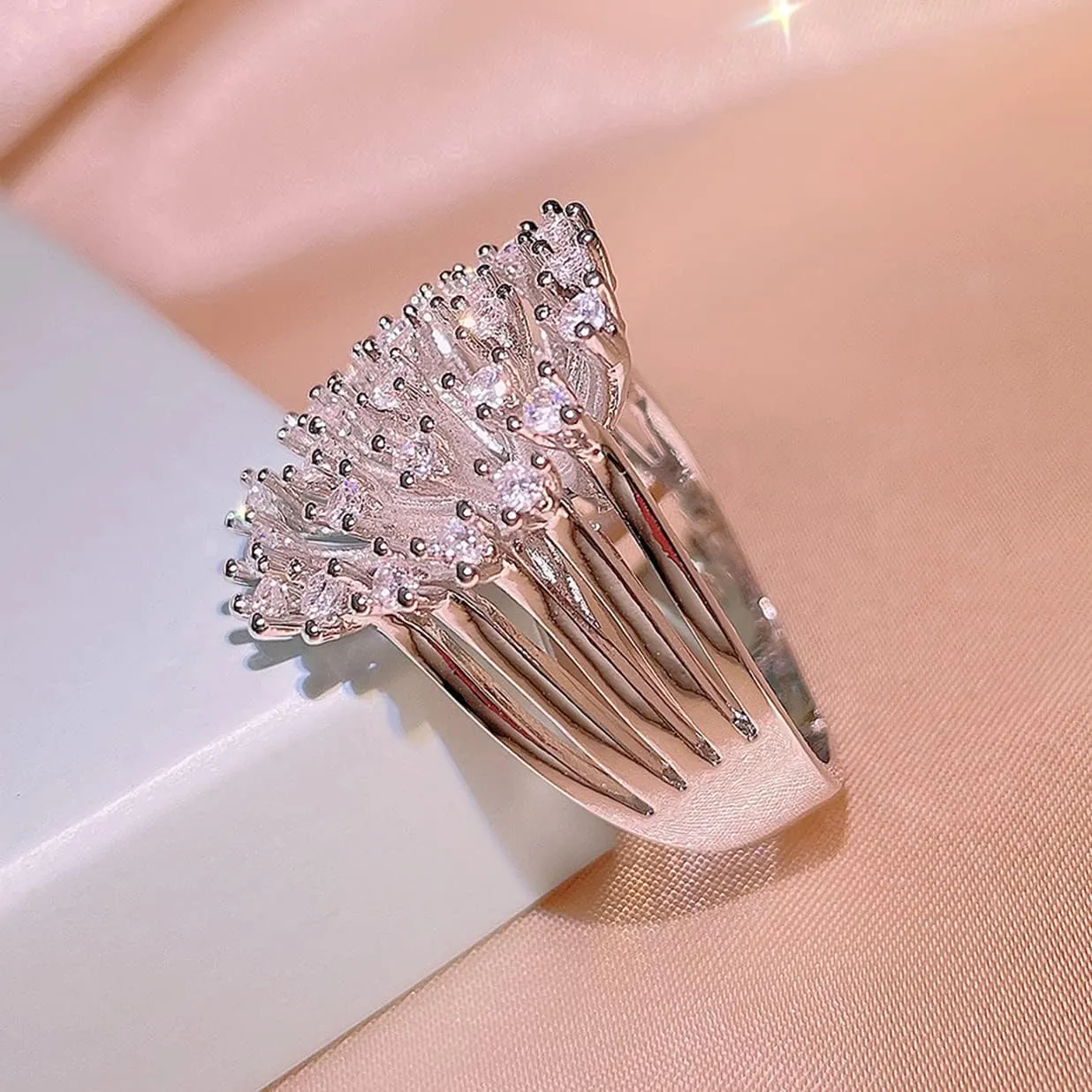 HAIXIAN Blooming Flower Ring,Platinum plated Cubic Zirconias Dandelion Floral Statement Ring Jewelry for Women