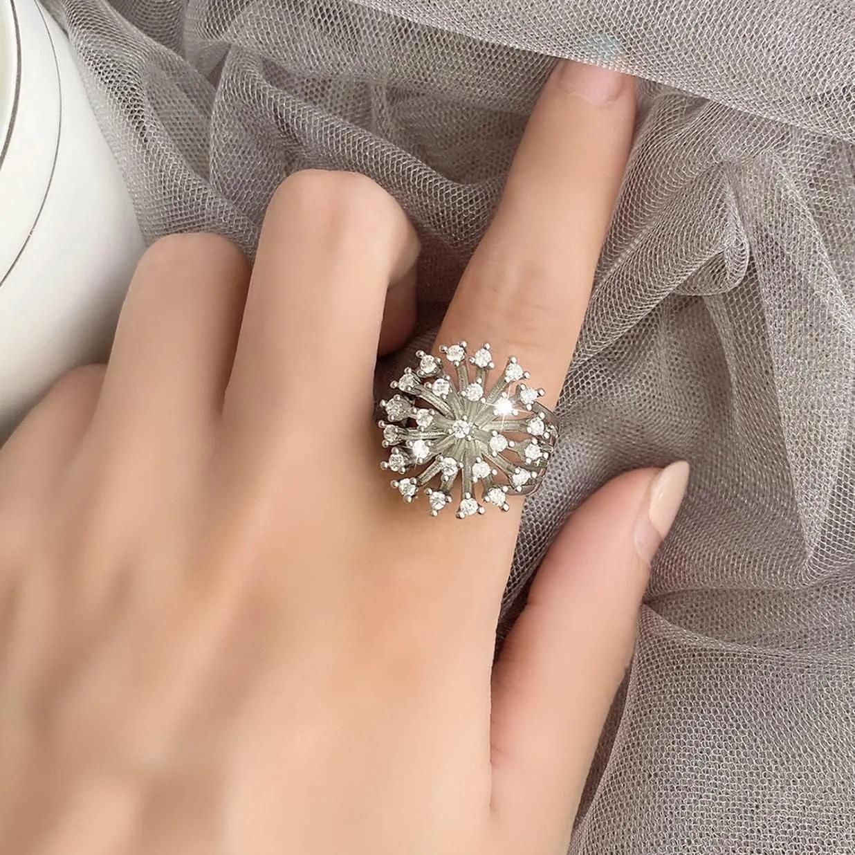 HAIXIAN Blooming Flower Ring,Platinum plated Cubic Zirconias Dandelion Floral Statement Ring Jewelry for Women