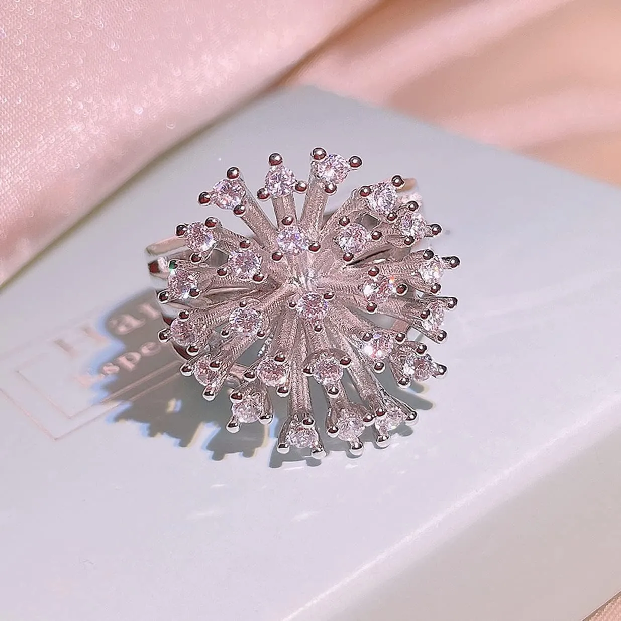 HAIXIAN Blooming Flower Ring,Platinum plated Cubic Zirconias Dandelion Floral Statement Ring Jewelry for Women