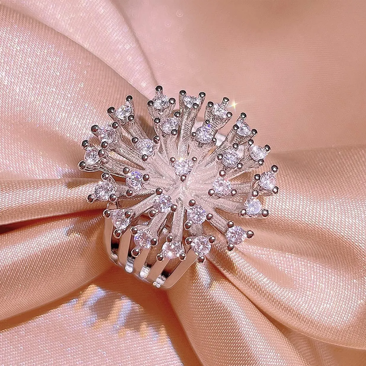 HAIXIAN Blooming Flower Ring,Platinum plated Cubic Zirconias Dandelion Floral Statement Ring Jewelry for Women