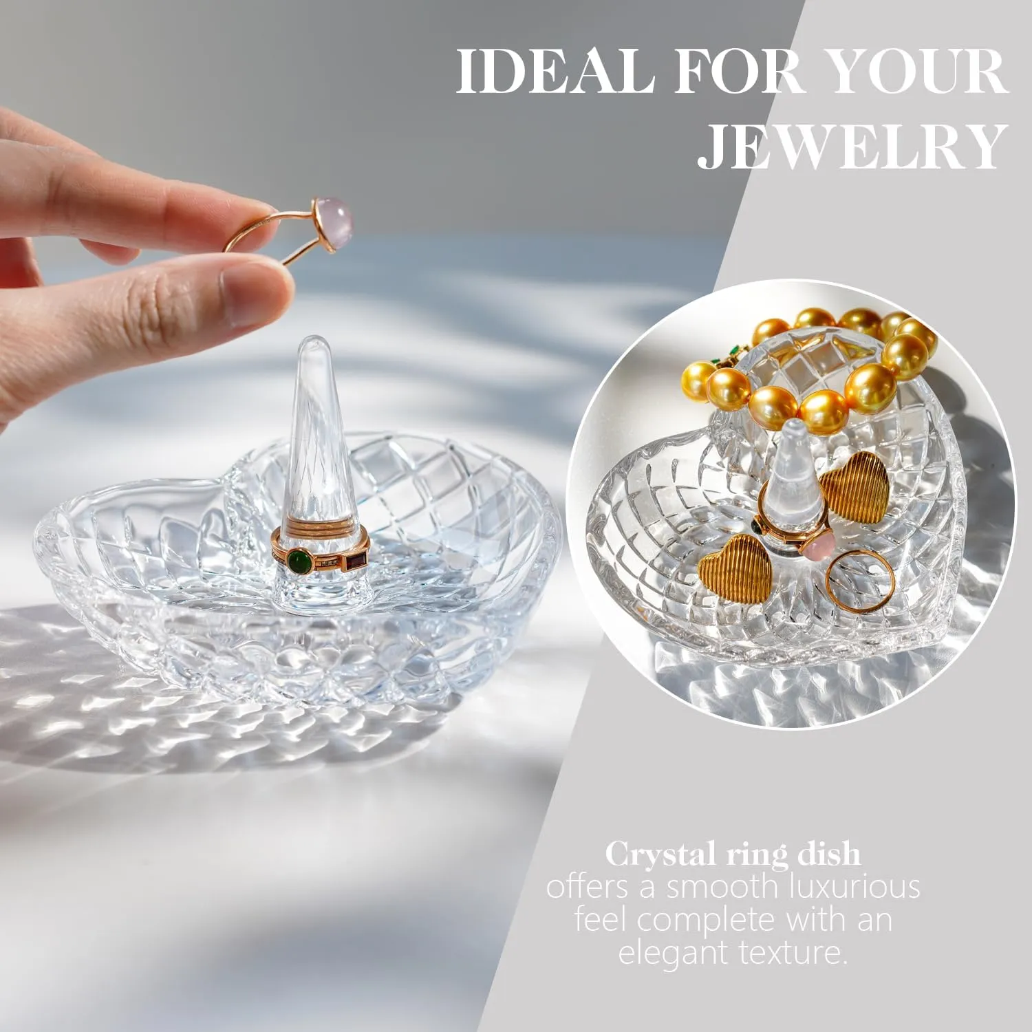 H&D HYALINE & DORA Clear Heart Shaped Crystal Jewelry Holder Decorative Glass Ring Dish Crystal Jewellery Tower Gifts for Women