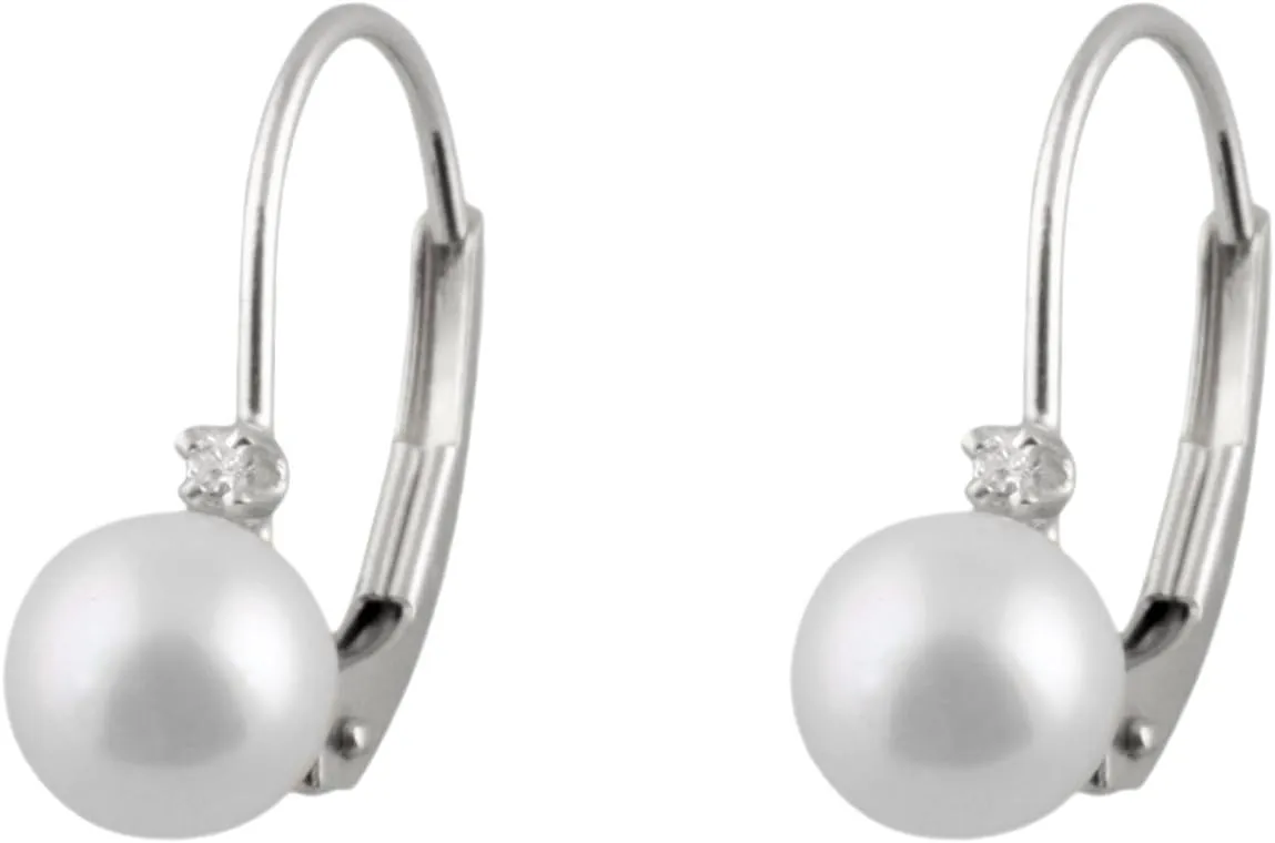 Handpicked AAA  5-5.5mm White Round Akoya Saltwater Cultured Pearls and Diamonds 0.02 cttw in 14K Gold Lever-back Huggie Ball Earrings