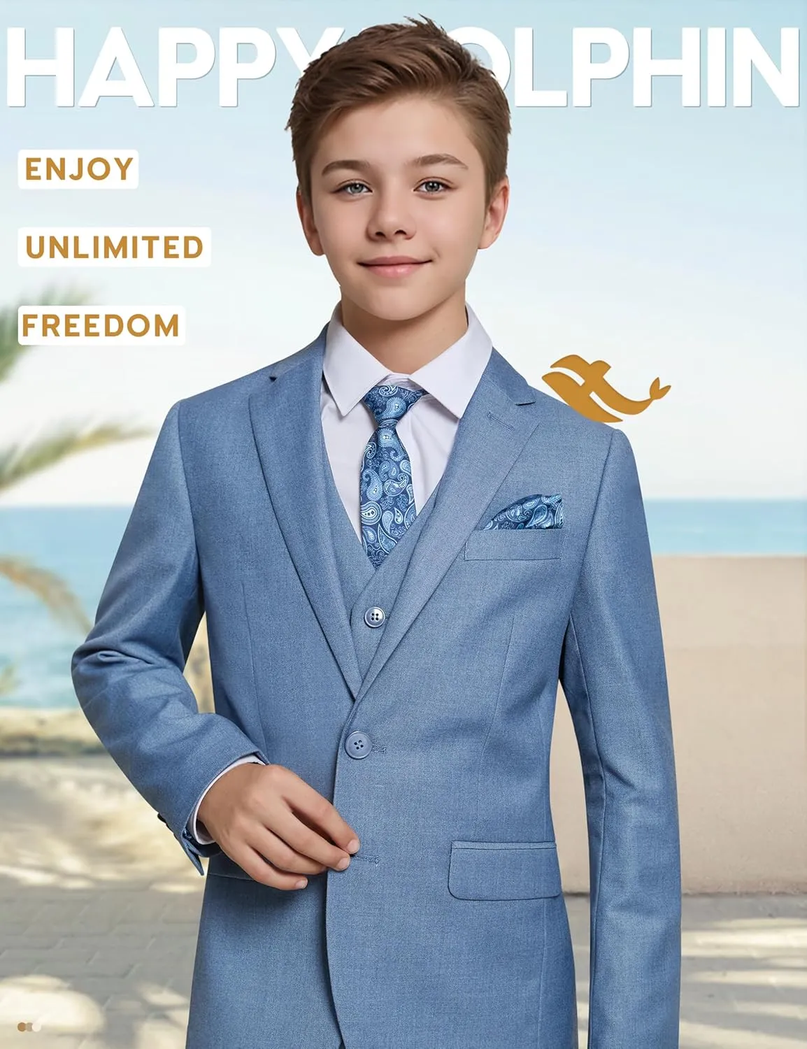 Happy Dolphin Boys Suit Set Modern Fit Kids Suits Adjustable Waist Boys Wedding Outfit for Boy Communion Suits for Boys
