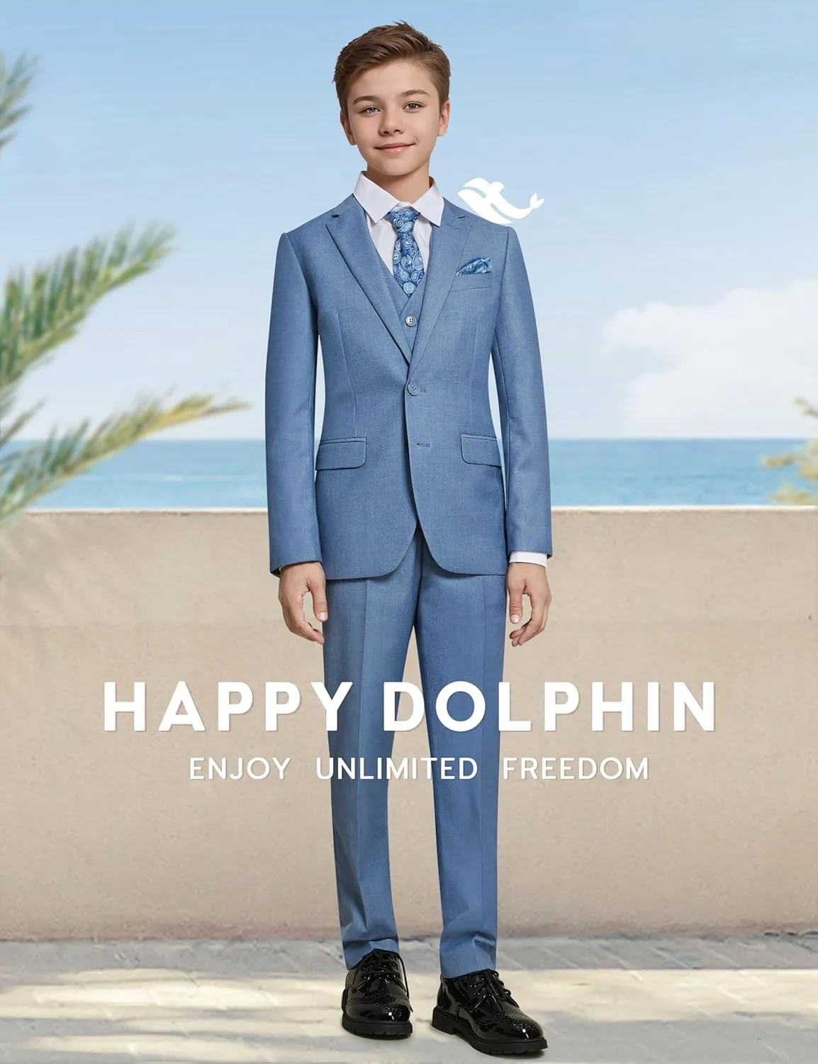 Happy Dolphin Boys Suit Set Modern Fit Kids Suits Adjustable Waist Boys Wedding Outfit for Boy Communion Suits for Boys
