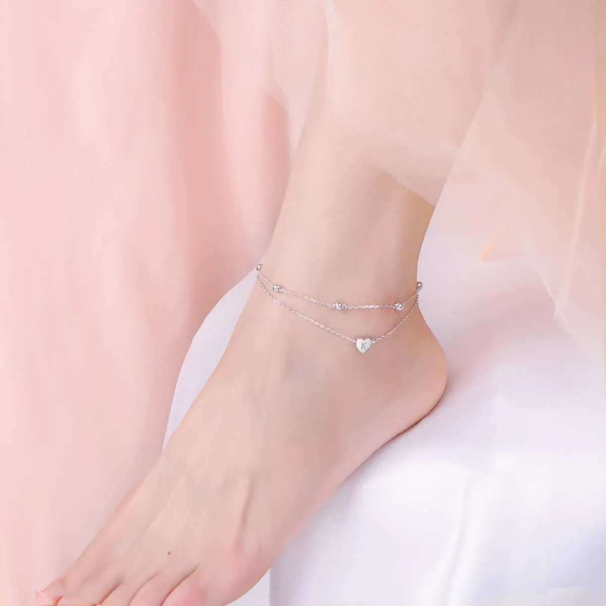 Heart Initials Anklet for Women S925 Sterling Silver Adjustable Foot Ankle Bracelet with Letter