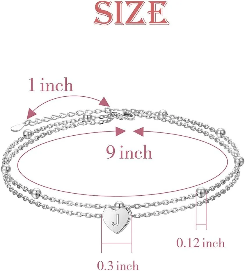Heart Initials Anklet for Women S925 Sterling Silver Adjustable Foot Ankle Bracelet with Letter