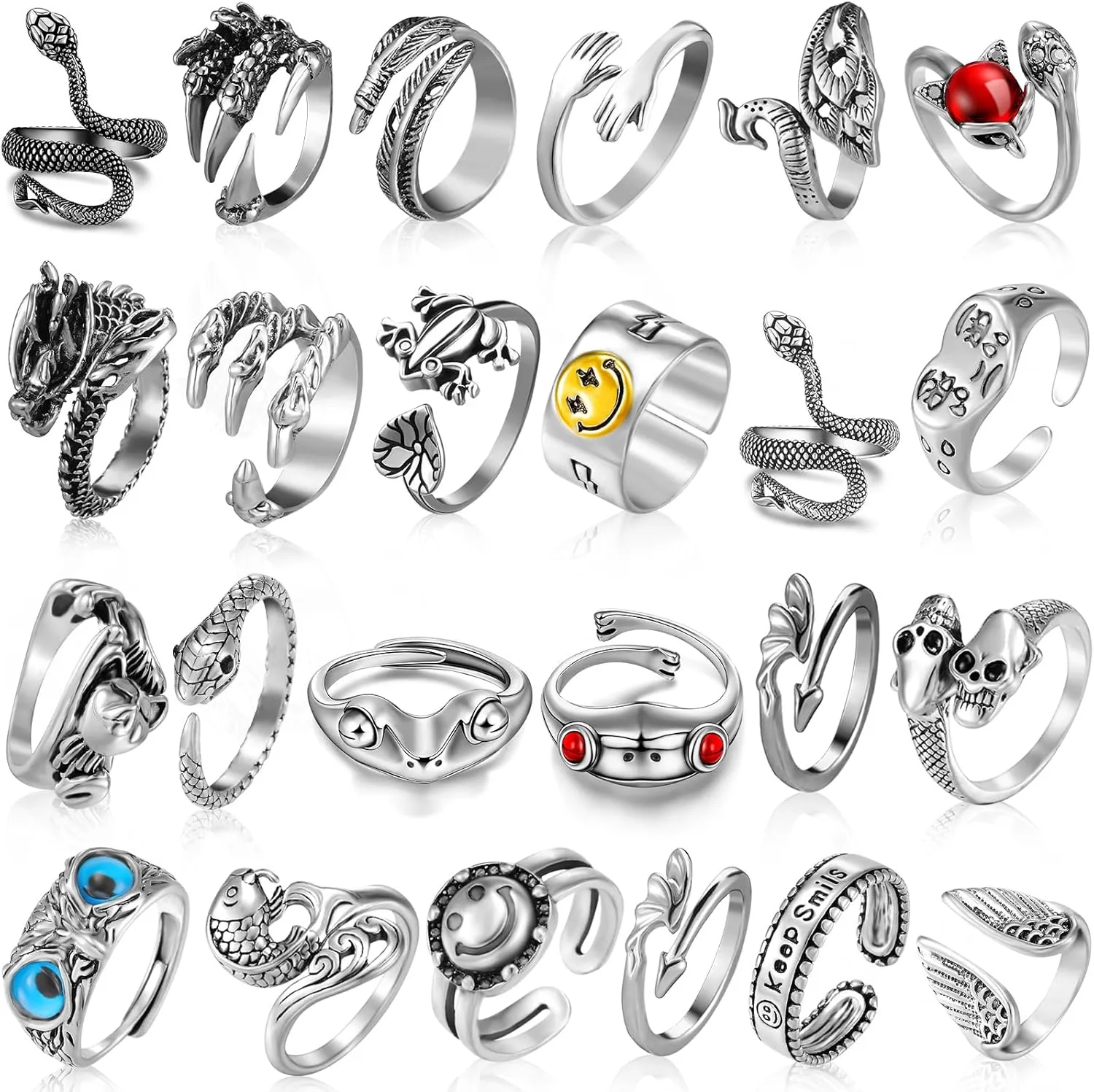 Hicarer 24 Pieces Gothic Rings Set Adjustable Open Rings Vintage Animal Frog Snake Open Rings Cool Punk Gothic Stackable Ring Jewelry for Couples Men Women(Classic Style)