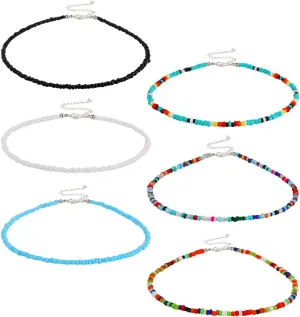 Hicarer 6 Pcs Bead Choker Necklace for Women Colorful Boho Glass Seed Bead Necklace Rainbow Jewelry Gift for Summer Beach