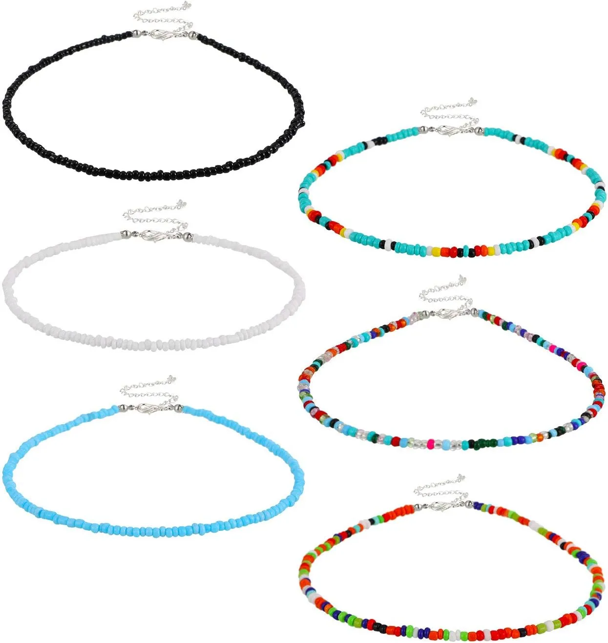 Hicarer 6 Pcs Bead Choker Necklace for Women Colorful Boho Glass Seed Bead Necklace Rainbow Jewelry Gift for Summer Beach