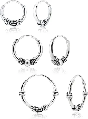 Hoops & Loops 925 Sterling Silver 10mm,12mm, 14mm Balinese Beaded Rope Lightweight Endless Hoop Earrings for Women Men, 3 Pairs | Silver, Yellow & Rose Gold