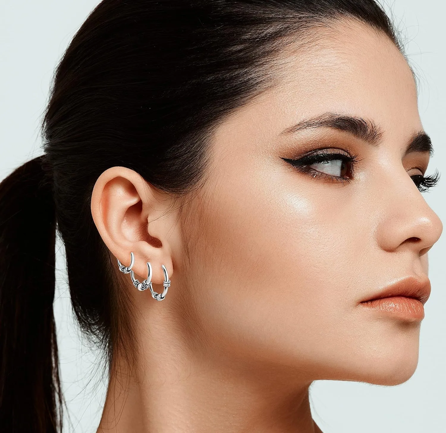 Hoops & Loops 925 Sterling Silver 10mm,12mm, 14mm Balinese Beaded Rope Lightweight Endless Hoop Earrings for Women Men, 3 Pairs | Silver, Yellow & Rose Gold