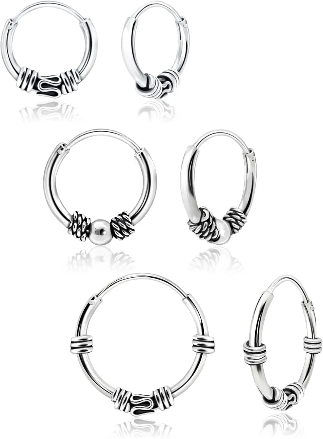 Hoops & Loops 925 Sterling Silver 10mm,12mm, 14mm Balinese Beaded Rope Lightweight Endless Hoop Earrings for Women Men, 3 Pairs | Silver, Yellow & Rose Gold