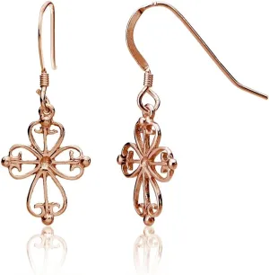 Hoops & Loops 925 Sterling Silver Celtic Filigree Cross 32mm Dangle Hook Earrings for Women Men, Silver, Yellow Gold, Rose Gold