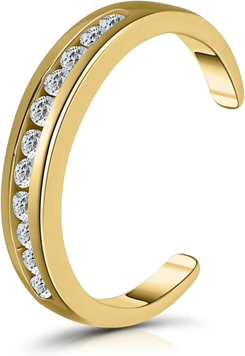 Hoops & Loops 925 Sterling Silver Channel Cubic Zirconia CZ Adjustable Tarnish Resistant Hypoallergenic Open Toe Ring for Women, Silver, Yellow Gold, Rose Gold, Black