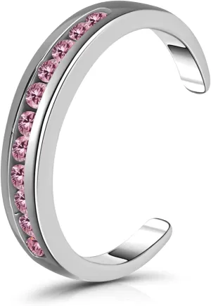 Hoops & Loops 925 Sterling Silver Channel Cubic Zirconia CZ Adjustable Tarnish Resistant Hypoallergenic Open Toe Ring for Women, Silver, Yellow Gold, Rose Gold, Black