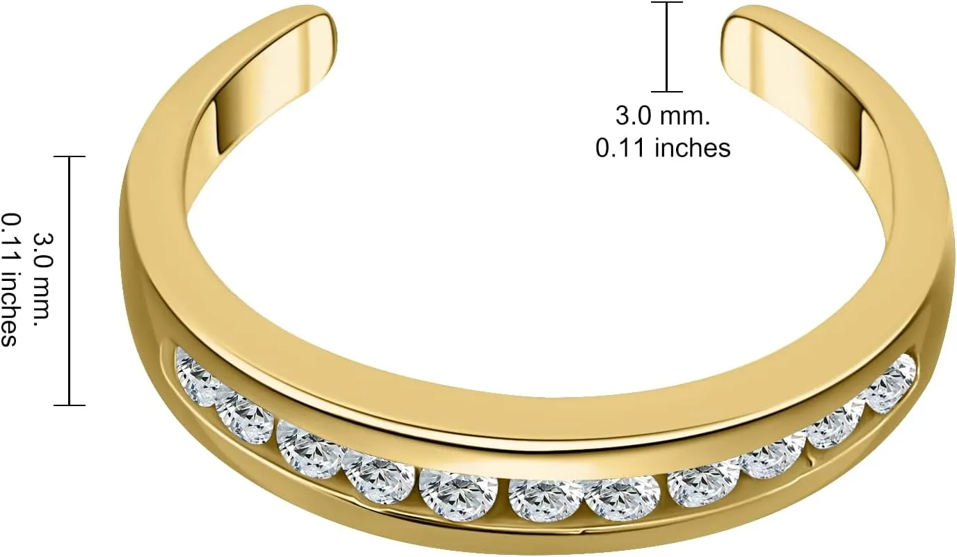 Hoops & Loops 925 Sterling Silver Channel Cubic Zirconia CZ Adjustable Tarnish Resistant Hypoallergenic Open Toe Ring for Women, Silver, Yellow Gold, Rose Gold, Black
