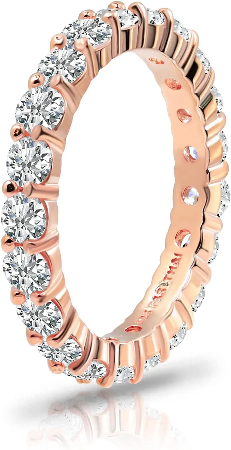 Hoops & Loops 925 Sterling Silver Cubic Zirconia 3mm Round-Cut Wedding Band Rings For Women, Anniversary Eternity Stackable Engagement Ring