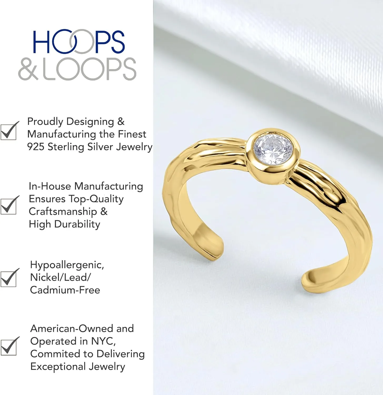 Hoops & Loops 925 Sterling Silver Cubic Zirconia Bezel-Set Hammered Open Toe Ring for Women Men
