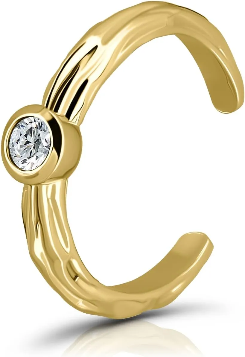 Hoops & Loops 925 Sterling Silver Cubic Zirconia Bezel-Set Hammered Open Toe Ring for Women Men