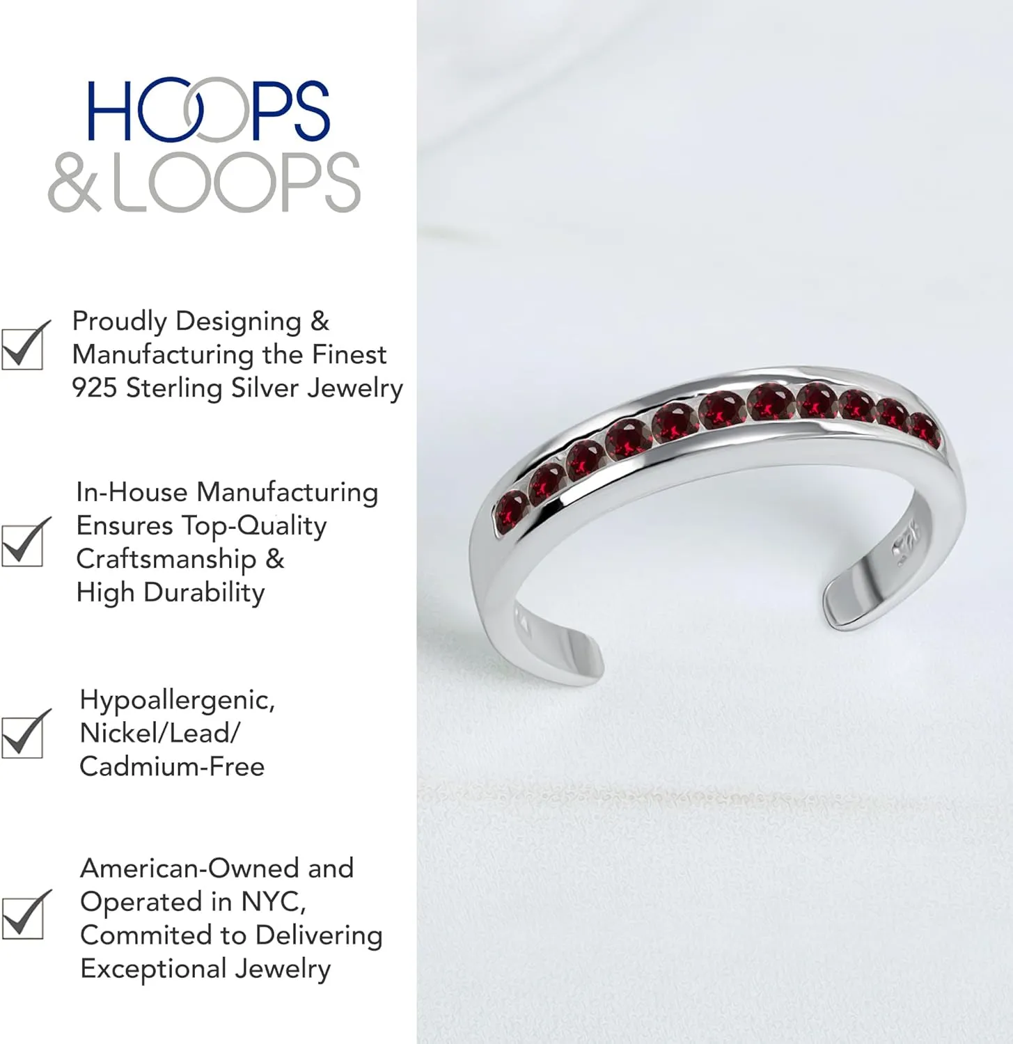 Hoops & Loops 925 Sterling Silver Cubic Zirconia Channel-Set Colored Open Toe Ring for Women Men