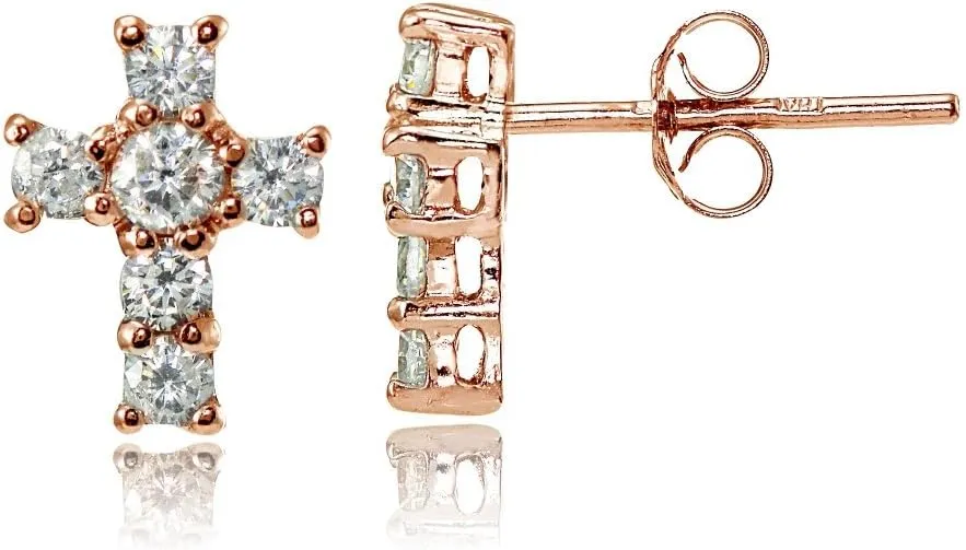 Hoops & Loops 925 Sterling Silver Cubic Zirconia Dainty Delicate 12mm Sparkly CZ Stud Cross Earrings for Women, Men | Silver, Yellow Gold, Rose Gold