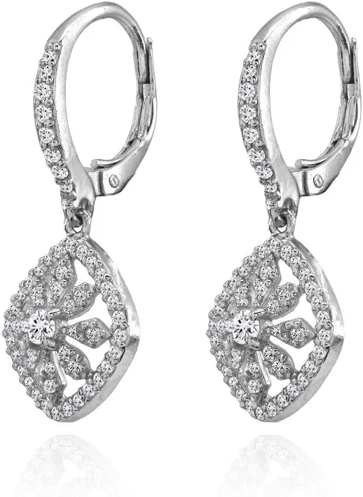 Hoops & Loops 925 Sterling Silver Cubic Zirconia Flower Cushion-Shape 29mm Dangle Leverback Earrings for Women, Silver, Yellow Gold, Rose Gold