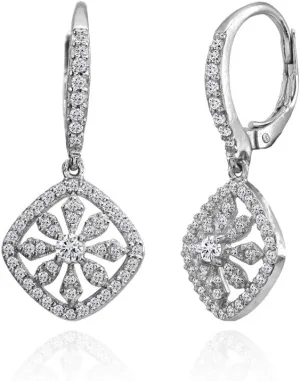 Hoops & Loops 925 Sterling Silver Cubic Zirconia Flower Cushion-Shape 29mm Dangle Leverback Earrings for Women, Silver, Yellow Gold, Rose Gold