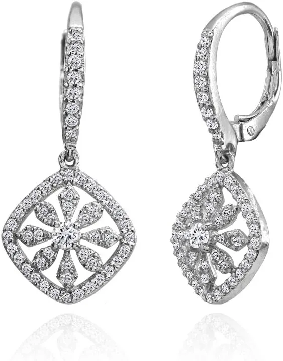 Hoops & Loops 925 Sterling Silver Cubic Zirconia Flower Cushion-Shape 29mm Dangle Leverback Earrings for Women, Silver, Yellow Gold, Rose Gold