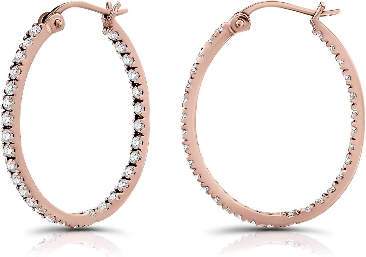Hoops & Loops 925 Sterling Silver Cubic Zirconia Inside Out Oval Hoop Earrings for Women, 20mm 25mm 30mm