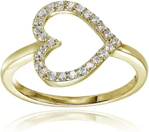 Hoops & Loops 925 Sterling Silver Cubic Zirconia Sideway Heart Ring for Women, Silver, Yellow & Rose Gold