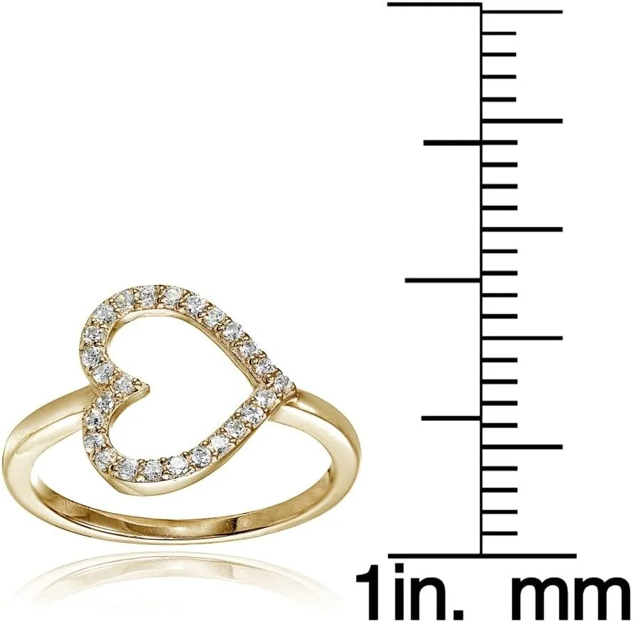 Hoops & Loops 925 Sterling Silver Cubic Zirconia Sideway Heart Ring for Women, Silver, Yellow & Rose Gold