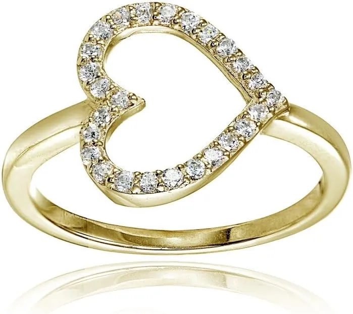 Hoops & Loops 925 Sterling Silver Cubic Zirconia Sideway Heart Ring for Women, Silver, Yellow & Rose Gold