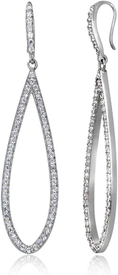 Hoops & Loops 925 Sterling Silver Cubic Zirconia Teardrop 58mm Long Dangle Hook Earrings for Women, Silver, Gold & Rose Gold