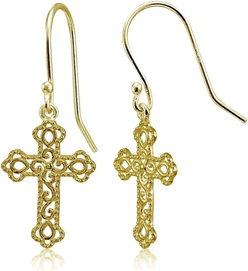 Hoops & Loops 925 Sterling Silver Filigree Cross Bottony 24mm Dangle Hook Earrings for Women, Men Silver, Yellow Gold, Rose Gold